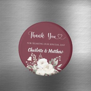 Merlot burgundy white florals thank you wedding magnet