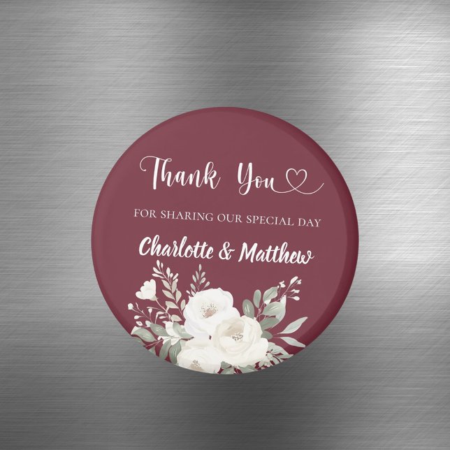 Merlot burgundy white florals thank you wedding magnet (Creator Uploaded)