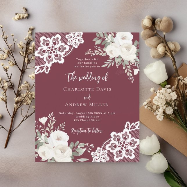 Merlot burgundy white lace wedding invitation (Creator Uploaded)