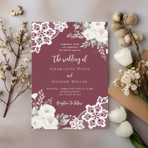 Merlot burgundy white roses lace wedding invitation