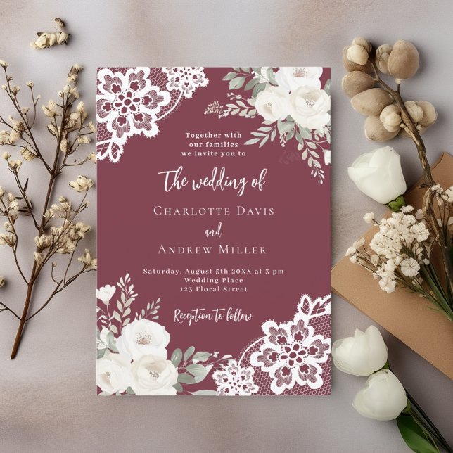 Merlot burgundy white roses lace wedding invitation (Creator Uploaded)