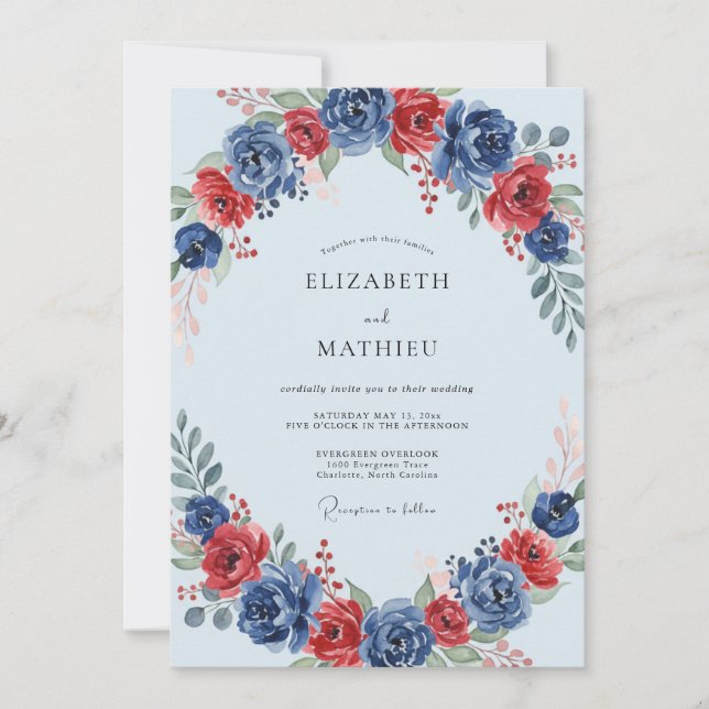 Merlot Cobalt Petal Wedding Invitation (Front)