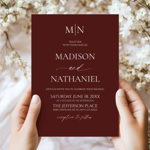 Merlot Deep Burgundy Minimalist Initial Wedding Invitation