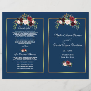 Merlot Floral Navy Blue Gold Frame Wedding Program