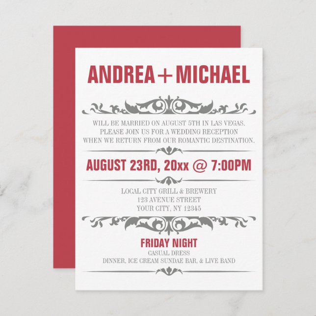 Merlot & Grey Wedding Reception ONLY Invitations (Front/Back)
