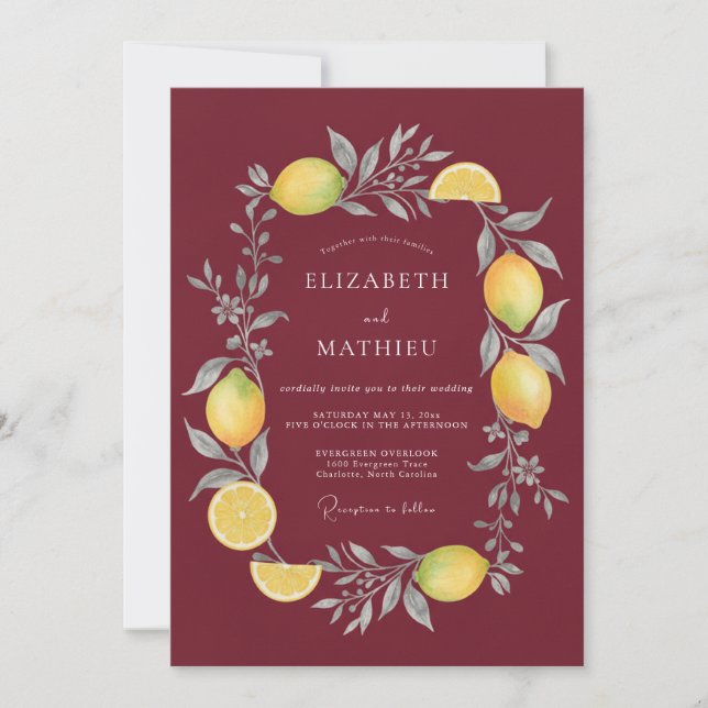 Merlot Lemon Citrus Eucalyptus Wedding Invitation (Front)