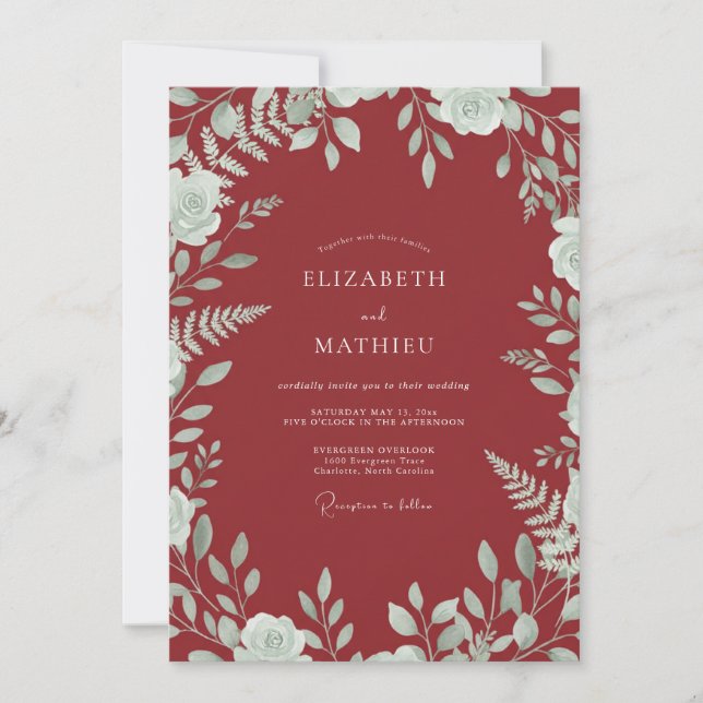 Merlot Mint Leafy Wedding Invitation (Front)