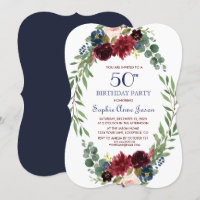 Merlot Navy Blue Floral Bloom 50th Birthday