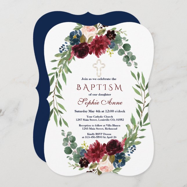 Merlot Navy Blue Floral Bloom Baptism Invite (Front/Back)