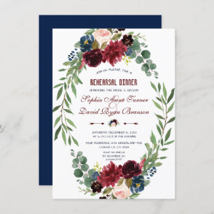 Merlot Navy Blue Floral Bloom Rehearsal Dinner Invitation