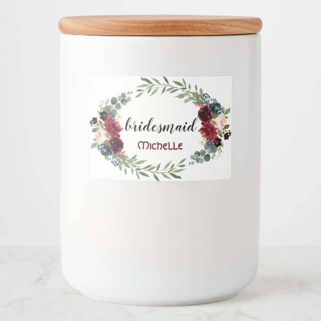 Merlot Navy Blue Floral Bloom Wedding Food Label (Front)