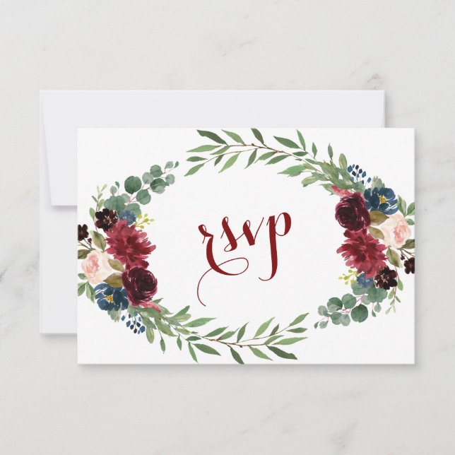 Merlot Navy Blue Floral Bloom Wedding RSVP Card (Front)