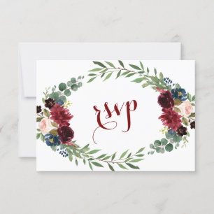 Merlot Navy Blue Floral Bloom Wedding RSVP Card