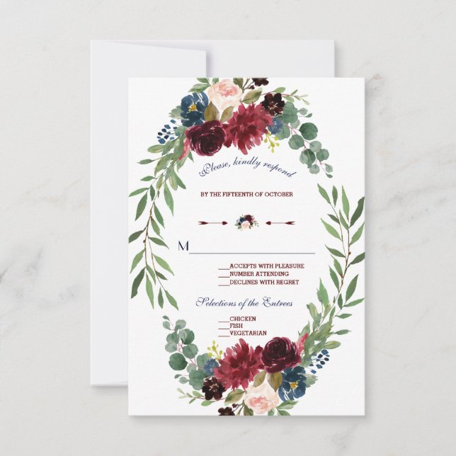 Merlot Navy Blue Floral Bloom Wedding RSVP Card (Front)