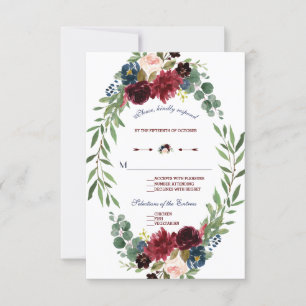 Merlot Navy Blue Floral Bloom Wedding RSVP Card