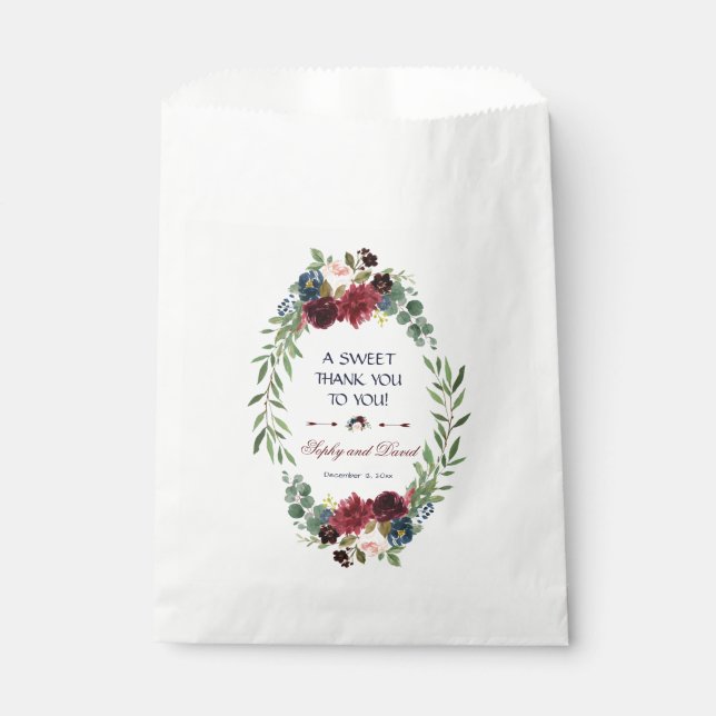 Merlot Navy Blue Floral Bloom Wedding THANK YOU Favour Bags (Front)