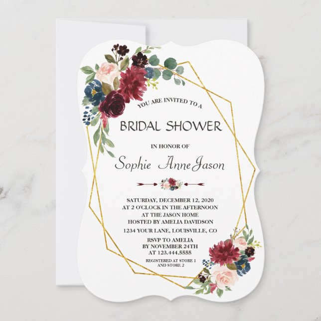 Merlot Navy Blue Floral Gold Diamond Bridal Shower Invitation (Front)