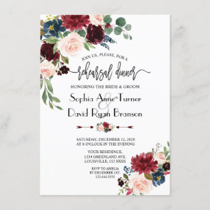 Merlot Navy Floral Handwriting Rehearsal Dinner Invitation