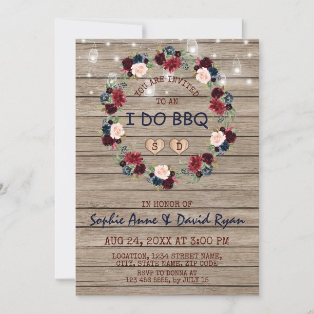 Merlot Navy Floral String Lights Barn I DO BBQ Invitation (Front)