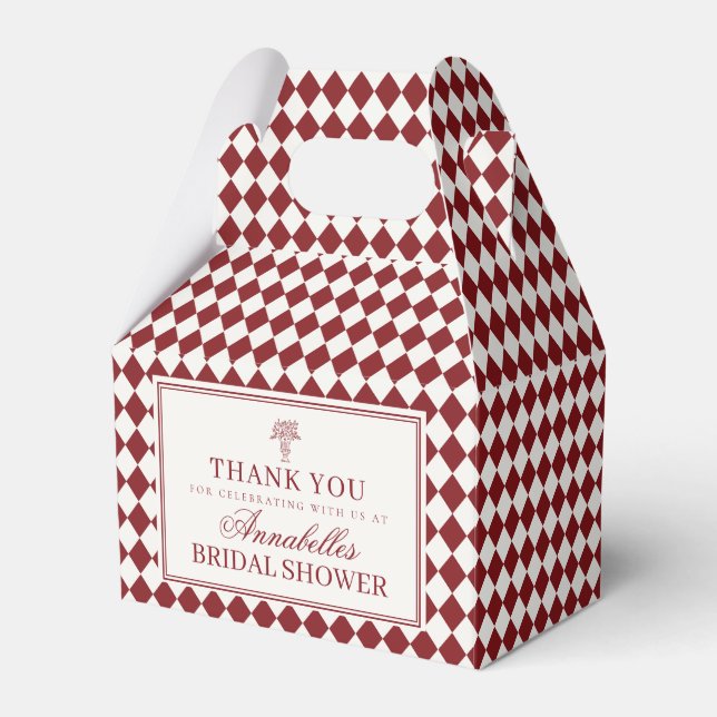 Merlot Red Harlequin Checkered Bridal Shower Favour Box (Front Side)