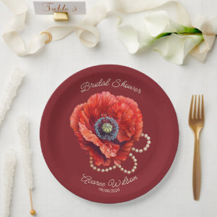 Merlot Red with Giant  Red Poppy Bridal Shower Paper Plate