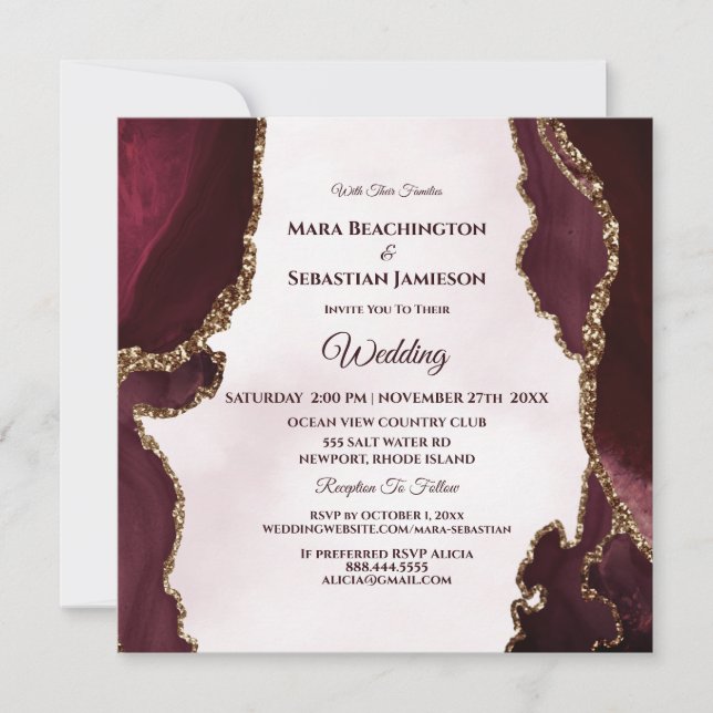 *~* MERLOT RSVP Website AGATE Gold AR13 Wedding Invitation (Front)