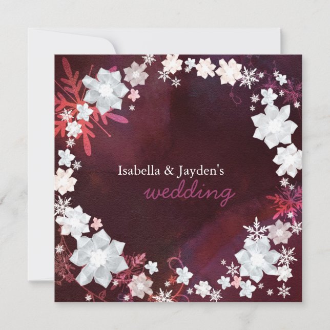 Merlot + White Winter Bling Wedding Garland Invitation (Front)