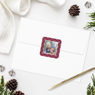 Merlot Wine Red Plaid Frame Holiday Photo Square Sticker
