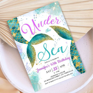 Mermaid 10th Birthday Girl Pink Teal Under the Sea Invitation