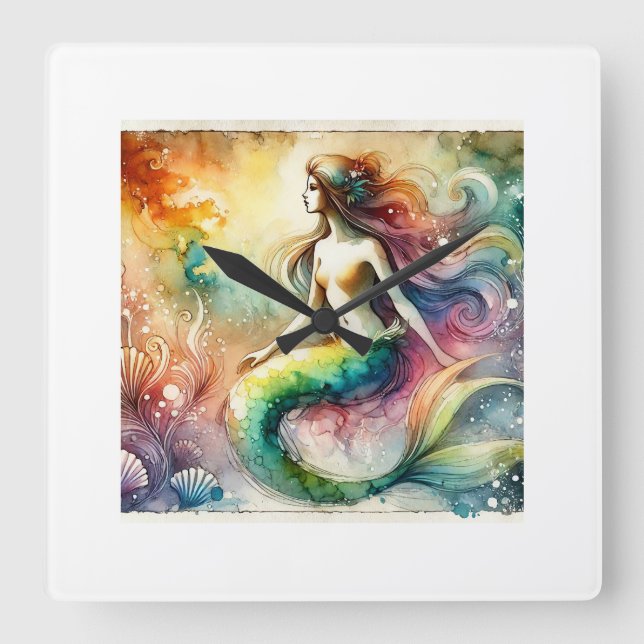 Mermaid 190624AREF102 - Watercolor Square Wall Clock (Front)