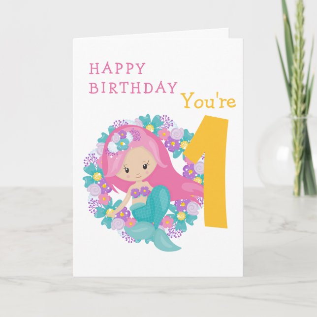 Mermaid 1st birthday flowers card (Front)