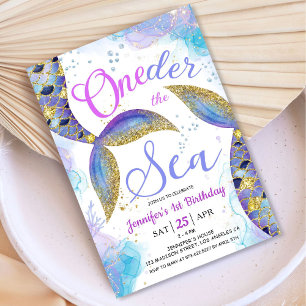 Mermaid 1st Birthday Girl Pink ONEder the Sea  Invitation