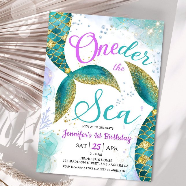 Mermaid 1st Birthday Girl Teal ONEder the Sea Invitation (Creator Uploaded)