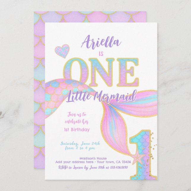 Mermaid 1st Birthday Invitation (Front/Back)
