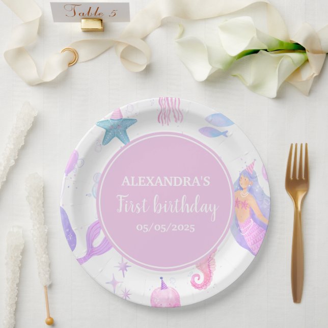 Mermaid 1st Birthday Ocean & Sea Life Party Paper Plate (Wedding)