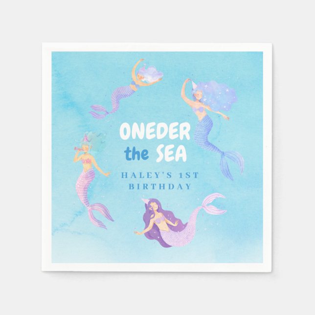Mermaid 1st Birthday ONEder the sea Blue Budget Napkin (Front)