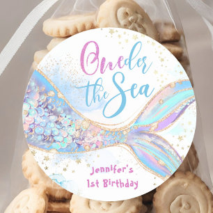 Mermaid 1st Birthday Oneder The Sea Blue Classic Round Sticker