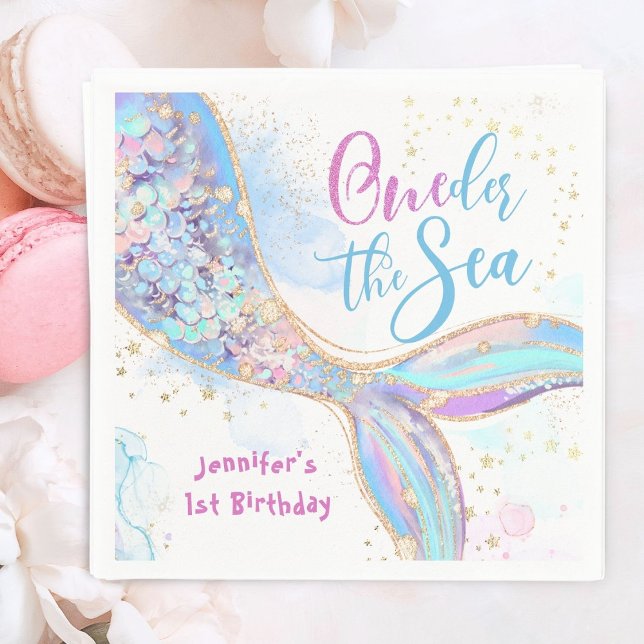 Mermaid 1st Birthday Oneder The Sea Blue Napkin (Creator Uploaded)