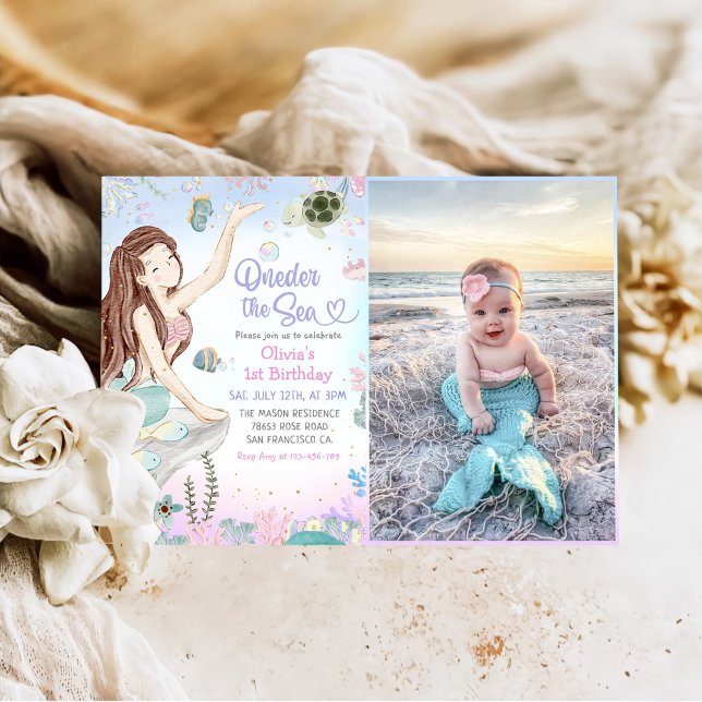 Mermaid 1st Birthday Oneder The Sea Party Photo Invitation (Creator Uploaded)