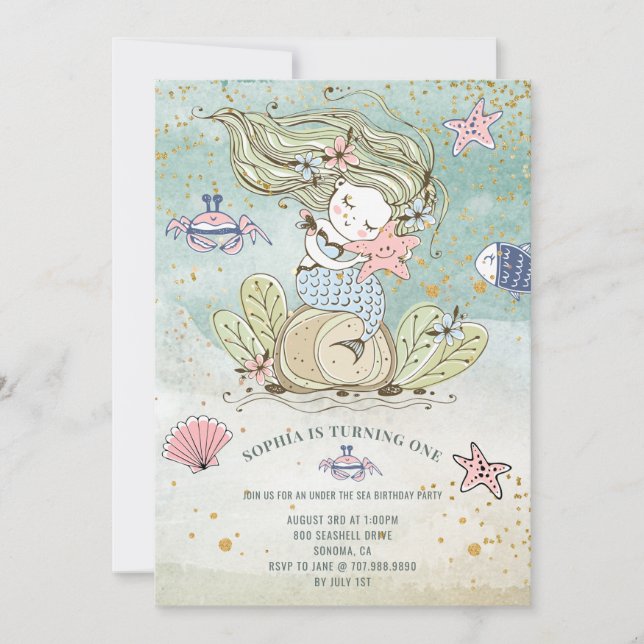 Mermaid 1st Birthday Party Invitation (Front)
