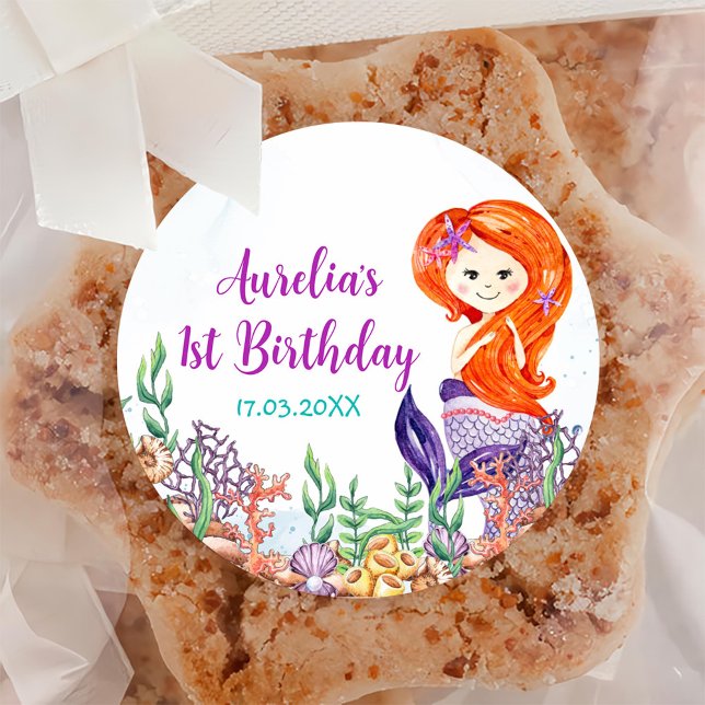 Mermaid 1st Birthday Party Oneder The Sea  Classic Round Sticker (Creator Uploaded)