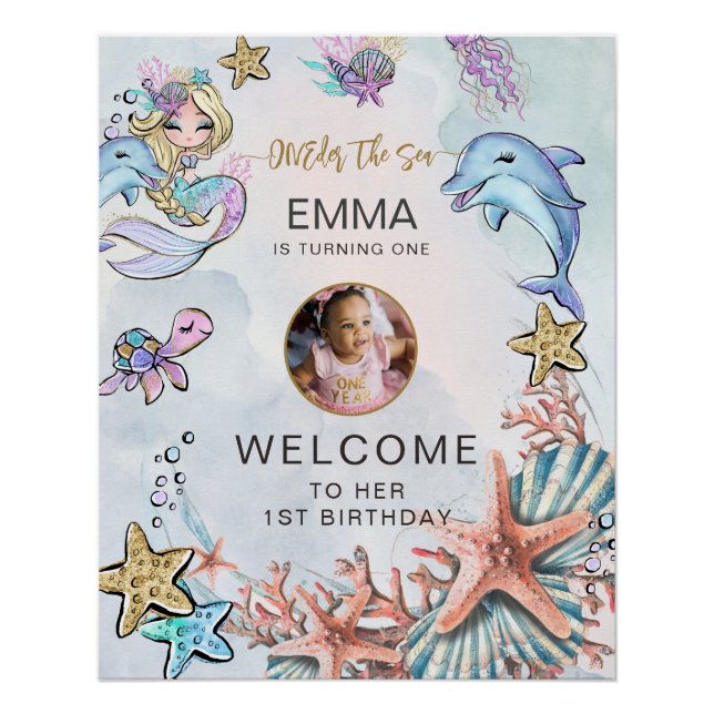 Mermaid 1st Birthday Photo ONEder The Sea Welcome Poster (Front)