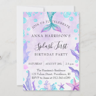 Mermaid 1st Birthday "Splash" Invitation