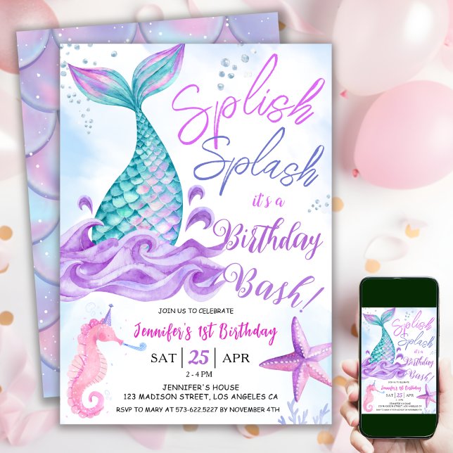 Mermaid 1st birthday "Splish Splash" Pink Purple Invitation (Creator Uploaded)