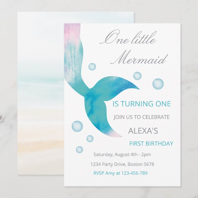 Mermaid 1st Birthday Under The Sea Mermaid Party  Invitation (Front/Back)