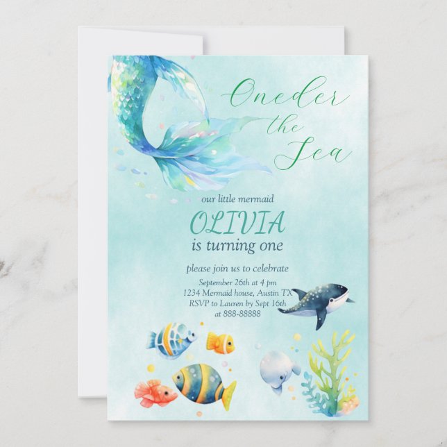 Mermaid 1st Birthday Watercolor Our Little Mermaid Invitation (Front)