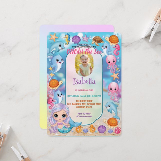 Mermaid 1st Party Photo under the sea birthday Invitation (Front/Back In Situ)