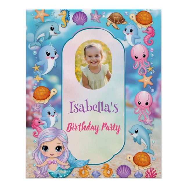 Mermaid 1st Photo Oneder Ocean birthday Poster (Front)