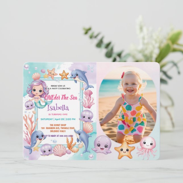 Mermaid 1st Photo Under the sea birthday Invitation (Standing Front)