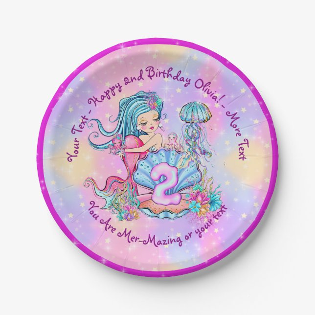 Mermaid 2nd Birthday Change Edit Text Personalise  Paper Plate (Front)